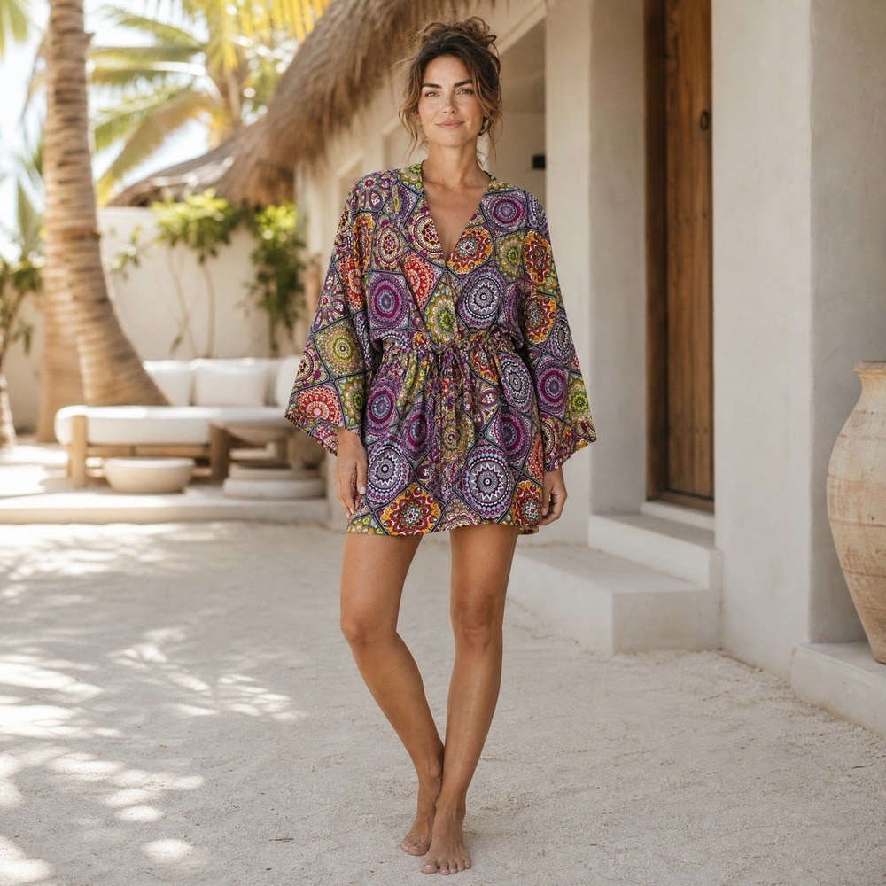 Boho Tie Waist Tunic Dress Bell Sleeve Colorful Floral Geometric Rayon Feel